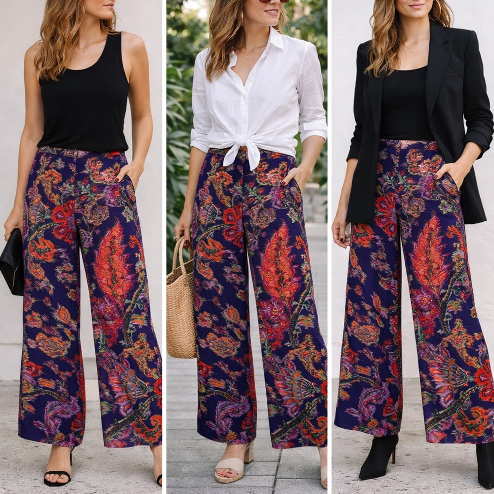 H&M Statement Wide‎ Leg Pants Floral Paisley Print Size 8 - Picture 2 of 7